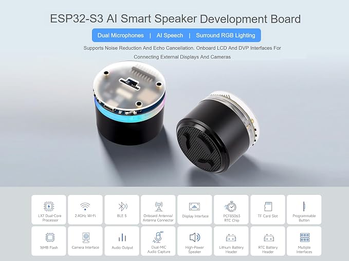 ESP32-S3 AI Smart Speaker Development Board, Supports Dual-MIC Audio Capture, AI Speech Interaction, Surround RGB Lighting, External LCD Displays and Cameras, 2.4GHz Wi-Fi & BlE 5, etc. - Image 2