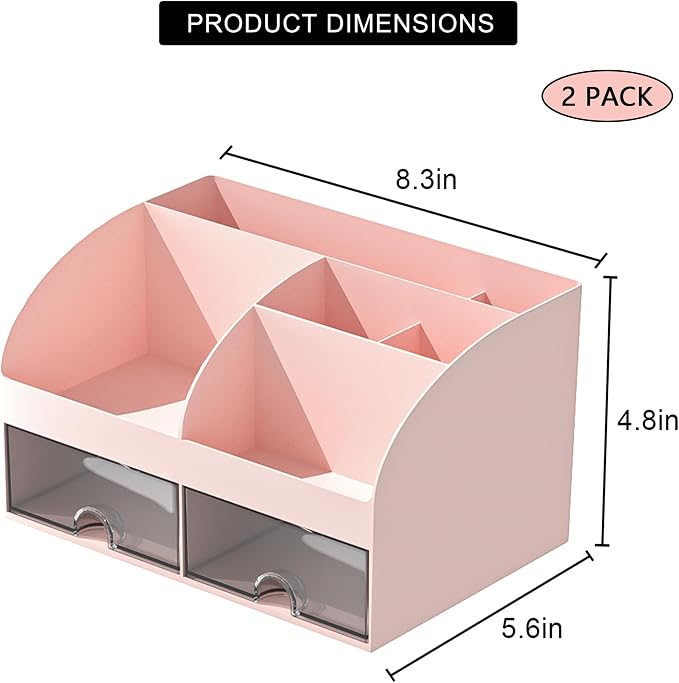 COMFYROOM Desk Organizer with 6 Compartments and 2 Drawers, Plastic Makeup Organizer, Pen Holder for Desktop Storage, Desk Organization for School, Home, Office Supplies Pink-2Pack - Image 2