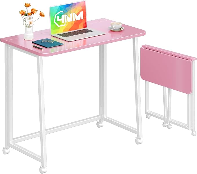 4NM 31.5" Mobile Small Folding Desk, Foldable Rolling Computer Home Office Desk, Study Writing Table for Small Space Saving Bedroom, with Wheels - Pink and White by 4NM