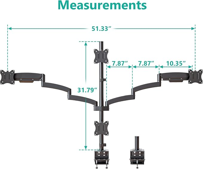 WALI Quad Monitor Mount for 13-27 inch Screens, Extra Tall 4 Monitors Desk Mount, up to 19.8lbs, 32.2 inch Height Max, Fully Adjustable 4 Monitor Arms, VESA 75/100mm (GSDM004S), Black - Image 6