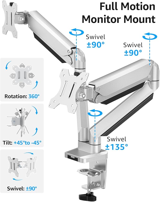 MOUNTUP Dual Monitor Desk Mount, Die-Cast Aluminum Fully Adjustable Double Monitor Arm, Computer Monitor Stand Fits 2 Screen 17 to 32 inch - Each Arm Holds 4.4-19.8LBS - Image 3