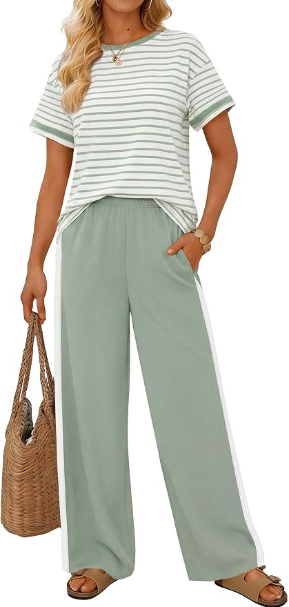 Sampeel 2 Piece Sets for Women Matching Sets Summer Outfits Resort Wear Short Sleeve Lounge Set Wide Leg Pants with Pockets - Image 2