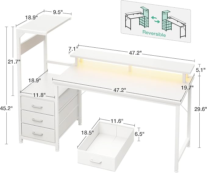 AODK 59 Inch Gaming Desk with USB Charging Ports & LED Light- Reversible Computer Desk with Storage Shelves & Monitor Stand, Modern Gamer Desk Table with Fabric Drawers, White - Image 3