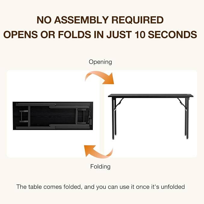 TEMI Long Computer Desk Folding Table - No Assembly, Compact 55.1" Foldable Desk with Power Outlets & USB Charging Port, Portable Lagre Office Desk, Study Table for Narrow Spaces, Dark Oak - Image 4