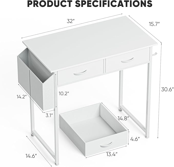 DUMOS 32" Home Office Computer Desk with Drawers, Small Gaming Writing Study Table with Storage Side Bag, Headphone Hook and Adjustable Feet for Bedroom White | Home Office Desk for Bedroom, Gaming Writing Study Desk with Adjustable Feet - Image 3