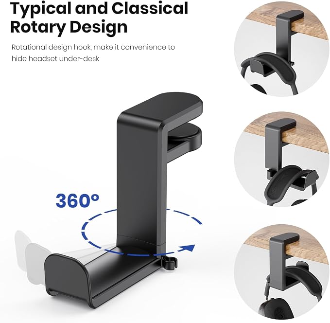 3in1 Rotating Headphone Holder - EURPMASK 3in1 PC Gaming Headset Holder w/Detachable Controller Holder, Adjustable Clamp-on Headset Stand,Headphone Hanger Hook Under Desk w/Cable Clip Organizer,Black - Image 5