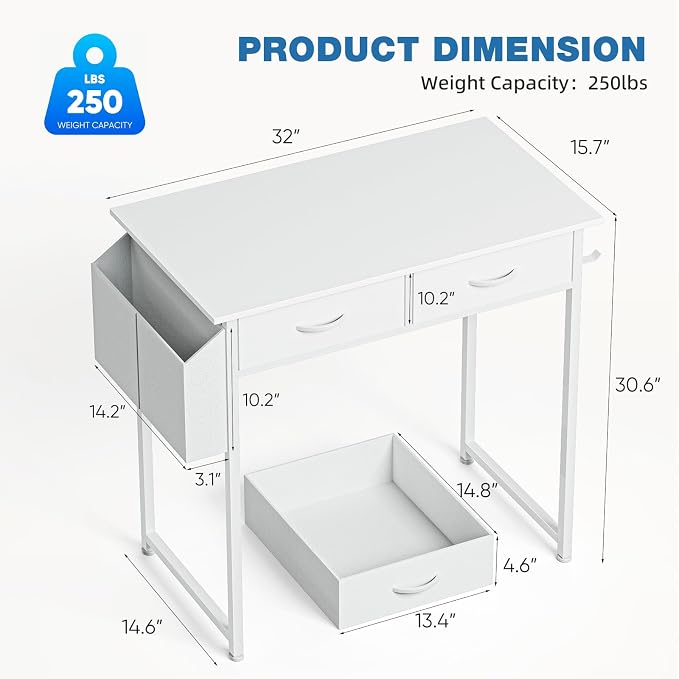 OLIXIS 32 Inch Small Desk, Computer Desk, Home Office | Fabric Drawers, Side Bag, Headphone Hook, Writing Study Work Table, Bedroom, Natural White - Image 3
