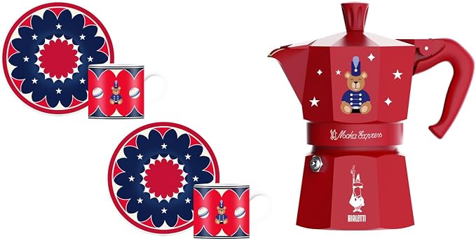 Bialetti Moka Express Iconic Italian Stovetop Espresso Maker (Red/Blue, 3 Cups Set) by Bialetti