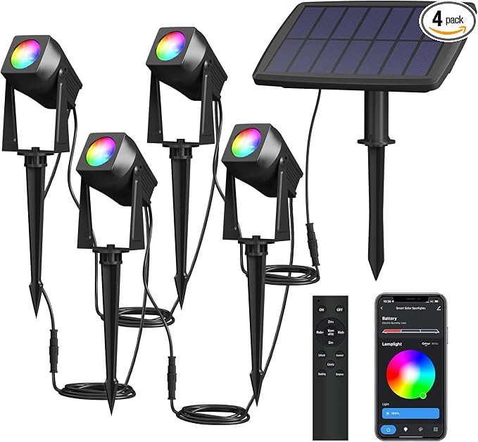 Solar Smart Bluetooth Landscape Spotlights 4 Pack, RGBW Landscape Light, Solar Spot Lights Outdoor, Solar Outdoor Uplights for Garden Trees Yard Landscape by SUNTHIN