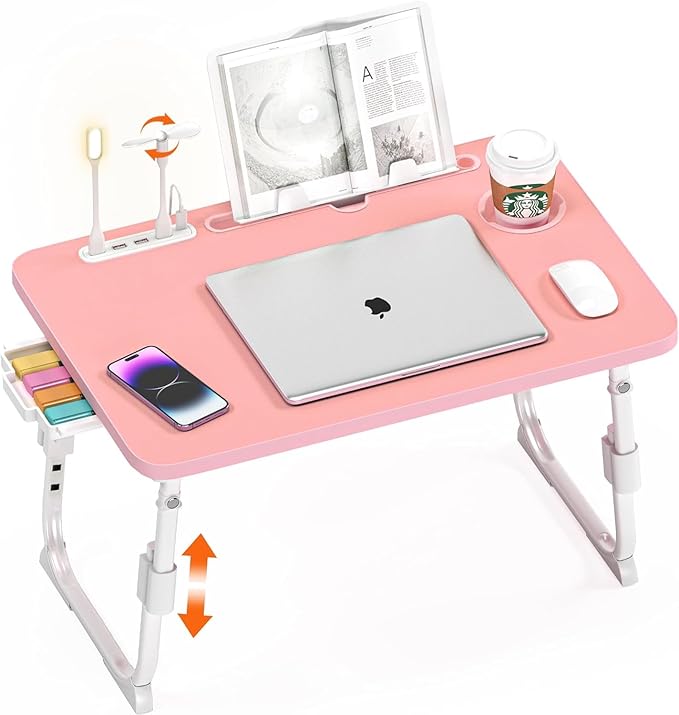 Lap Desk for Bed, Adjustable Laptop Desk with USB Charging Port, Storage Drawer & Bookshelf — Foldable Bed Desk for WFH & Students, 23.6" Desktop Fits 20" Laptop, Non-Slip, Pink by PlayimaginationtodecorateHomeOffice