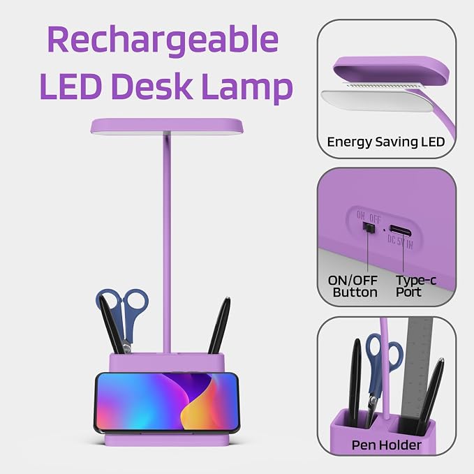 AXX Purple Desk Lamp, Cute Table Light for Home Office College Dorm | Small, LED, Rechargeable, Battery Operated, Cordless, Gooseneck, Mini, Study Accessories, for Teen Girls - Image 4