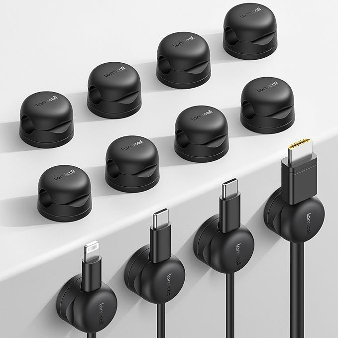 Lamicall 12Pack Rotating Cord Organizer, Desk Office Nightstand Accessories | Spring Cable Management Clips, Adhesive Phone Charger Holder Gadgets, Wire Organizer Keeper for Home Dorm Room Workspace by Lamicall