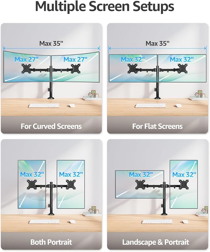 MOUNTUP Dual Monitor Desk Mount, Max 32 Inch up to 17.6lbs, Fully Adjustable Dual Monitor Arm for 2 LCD Screens, Double Monitor Stand with C-Clamp and Grommet Base - Image 8