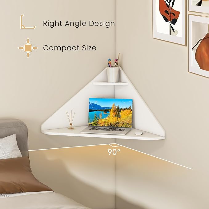 Giantex Corner Floating Desk, Wall Mounted Computer Desk with Storage Shelf, Space-Saving Writing Desk, Triangle Laptop Desk for Living Room, Study, Bedroom, Home Office & Small Spaces (White) - Image 6