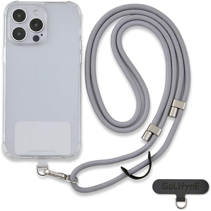 Universal Phone Lanyard, Anti-Theft Crossbody Strap for iPhone 17 Pro Max and Most Smartphones, Adjustable Cell Phone Neck Holder w/ 2 Non-Adhesive Tether Tabs for Men and Women, Grey/Silver by Golifyne