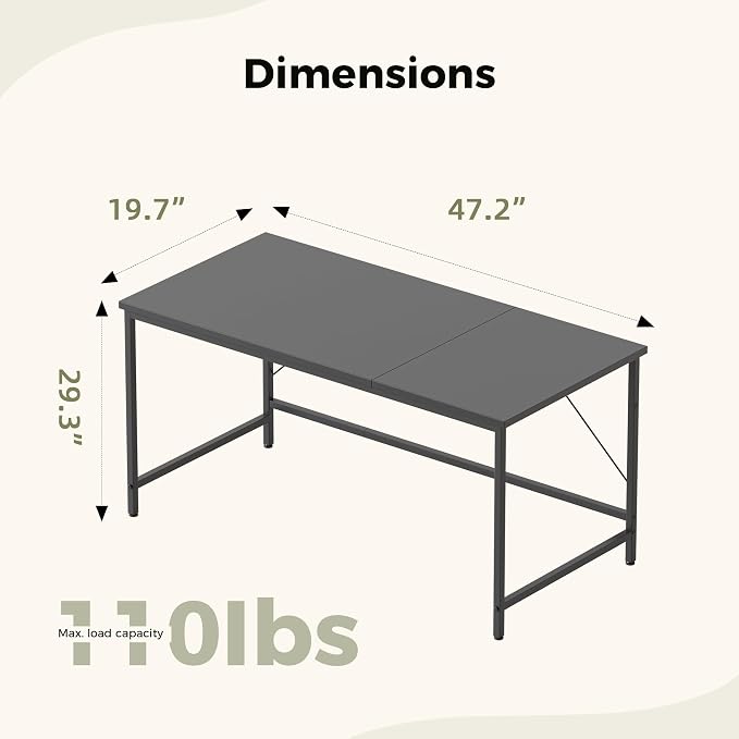 Mericonia 48x20 Inch Computer Desk, 0.6" Thick Small Office Table | Modern Simple Style, Small Study & Writing Table for Home Bedroom Work, Black - Image 2