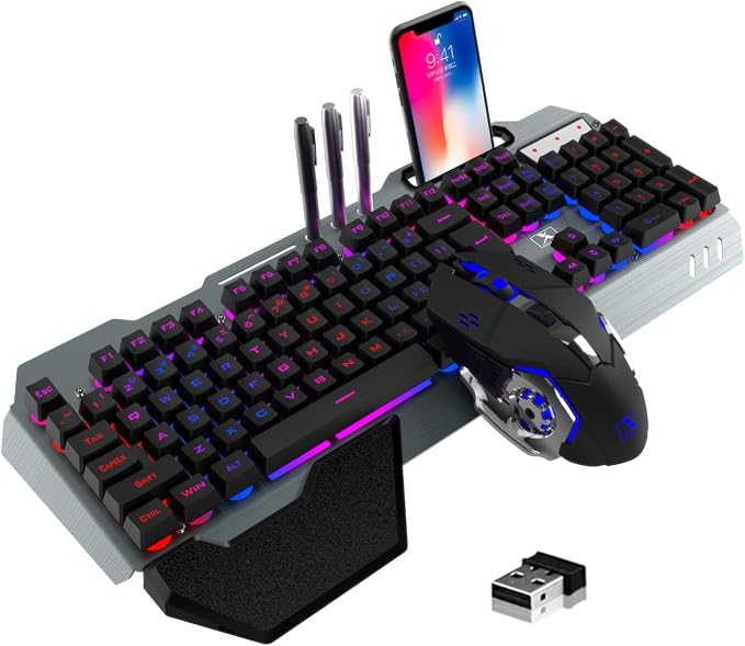 Wireless Gaming Keyboard and Mouse Combo,Rainbow LED Backlit Keyboard with Rechargeable 3800mAh Battery Metal Panel,Removable Wrist Rest Mechanical Feel and 7 Color Mute Gaming Mice for PC PS4 PS5 by MAGIC-REFINER