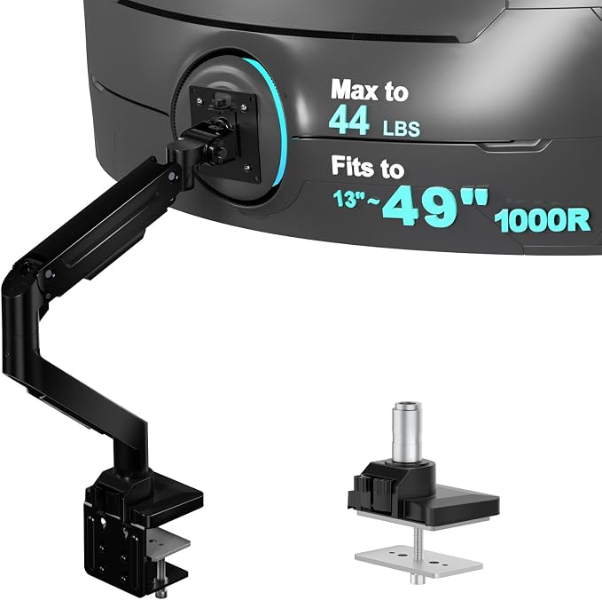 WALI Heavy Duty Single Monitor Arm for 13-49 inch 1000R Curved Screens, up to 44 Lbs, Adjustable Single Monitor Desk Mount with C-Clamp, Grommet Base, 75/100mm VESA Mount (GSM001XL), Black by WALI