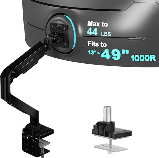WALI Heavy Duty Single Monitor Arm for 13-49 inch 1000R Curved Screens, up to 44 Lbs, Adjustable Single Monitor Desk Mount with C-Clamp, Grommet Base, 75/100mm VESA Mount (GSM001XL), Black by WALI