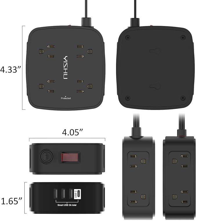 6 Ft Surge Protector Power Strip - YISHU 8 Widely Outlets with 4 USB Ports, 3 Side Outlet Extender with 6 Feet Flat Extension Cord, Ultra Flat Plug, Wall Mount, Desk USB Charging Station, ETL, Black - Image 7