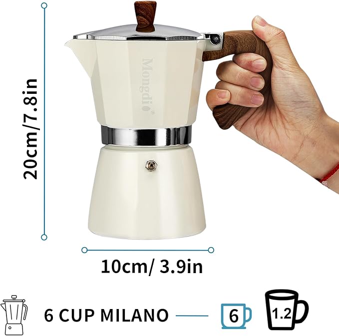 Mongdio Stovetop Espresso Maker Moka Pot, Cuban Coffee Maker Stove top coffee maker Moka Italian Espresso Greca Coffee Maker Brewer Percolator, 6 Espresso Cups, 10 oz - White - Image 5