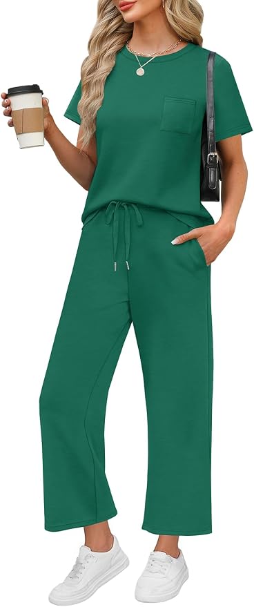WIHOLL 2 Piece Sets for Women Casual Summer Travel Vacation Outfits Short Sleeve Wide Leg Crop Pants Lounge Sets by WIHOLL