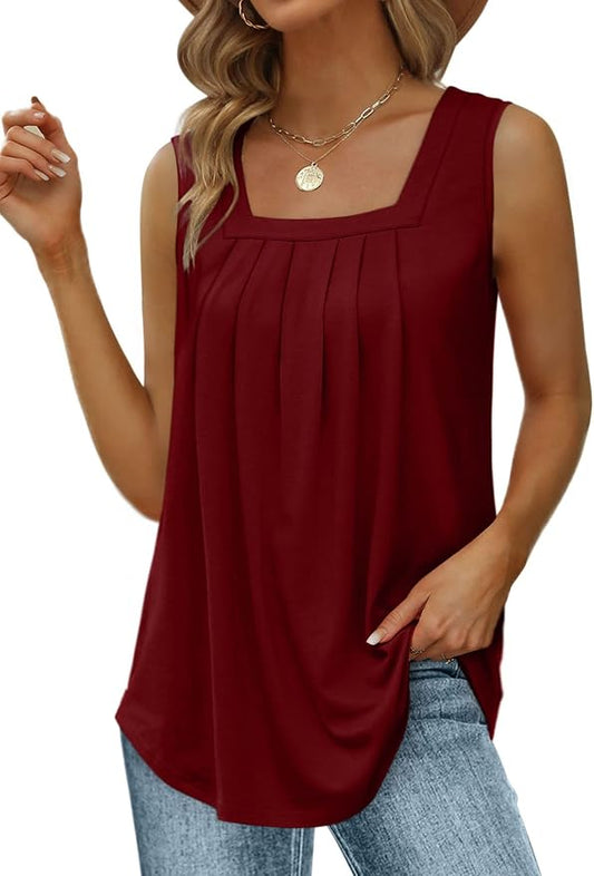 Saloogoe Summer Tank Tops for Women Loose Fit Pleated Square Neck Sleeveless Tops Curved Hem Flowy by Saloogoe