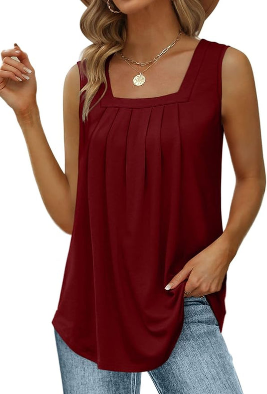 Saloogoe Summer Tank Tops for Women Loose Fit Pleated Square Neck Sleeveless Tops Curved Hem Flowy by Saloogoe