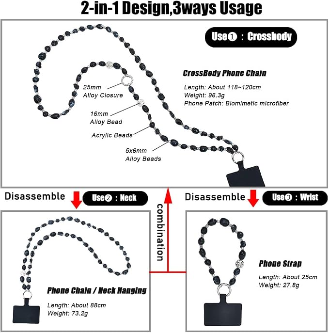 Phone Crossbody Strap, 2in1 Wrist Charm&Shoulder Lanyard,3Ways Usage free to Assembly and Disassembly Phone Strap with Tether Patches for Most Phones Bag Purse (M) - Image 2