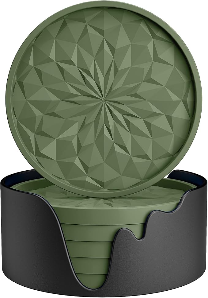 ME.FAN Silicone Coasters with Holder,[6 Pack] Drinking Coasters - Cup Mat for Hot or Cold Drinks, Thickened, Non-Slip, Non-stick,Deep Tray Olive Green by MEFAN