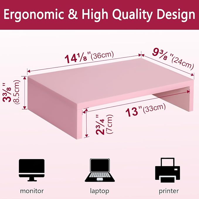 TEAMIX Pink Monitor Stand Riser, Wood Monitor Riser with Storage for Desk Small Monitor Stand TV/Screen/PC/Laptop Riser Computer Stand Desktop Shelf (Pink-14.2 inch) - Image 4