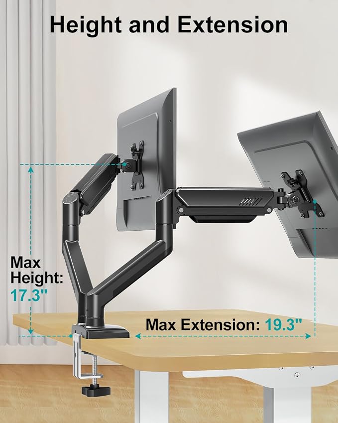 Dual Monitor Arm Desk Mount Fits 13 to 32 inch Computer Screens, Holds 4.4 to 22lbs Display VESA Mount, Adjustable Double Monitor Stand with Clamp/Grommet Base, 75/100mm Bracket, Black, Freelift - Image 5