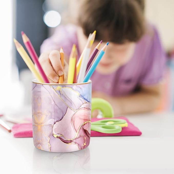 Pink Pen Holder for Desk, Premium Ceramic Pencil Holder Pen Cup Marker Holder Makeup Brush Holders, Desk Accessories & Workspace Organizers for Home, Office,Colorful Marble - Image 7