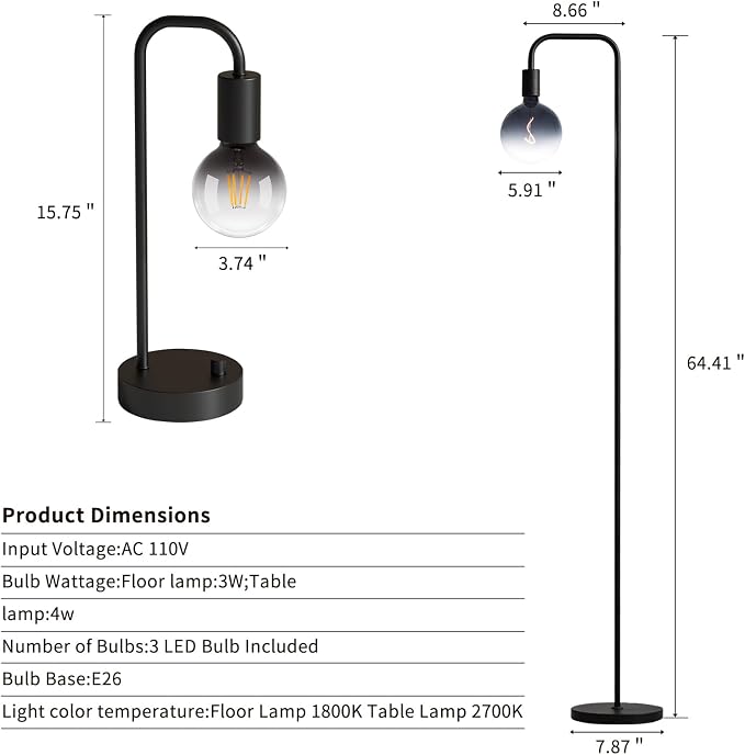ONEWISH Industrial Lamp Set 3 Piece-1 Floor Lamp and 2 Dimmable Table Lamp- 3 Pack Modern Matching Floor and Table Lamp with Gradient Black Globe Bulb for Living Room,Bedroom(Bulb Included) - Image 6
