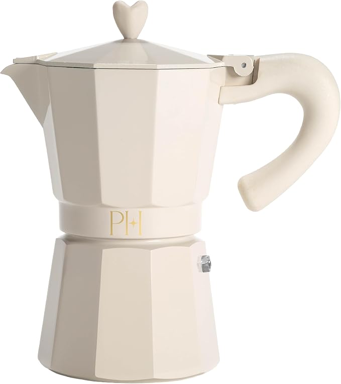 Paris Hilton Stovetop Espresso and Coffee Maker, Italian & Cuban Style Coffee Pot with Iconic Heart Knob, Perfect for Rich Aromatic Espresso, Makes up to 6 Espresso Cups, Cream by TheWorldofParisHilton