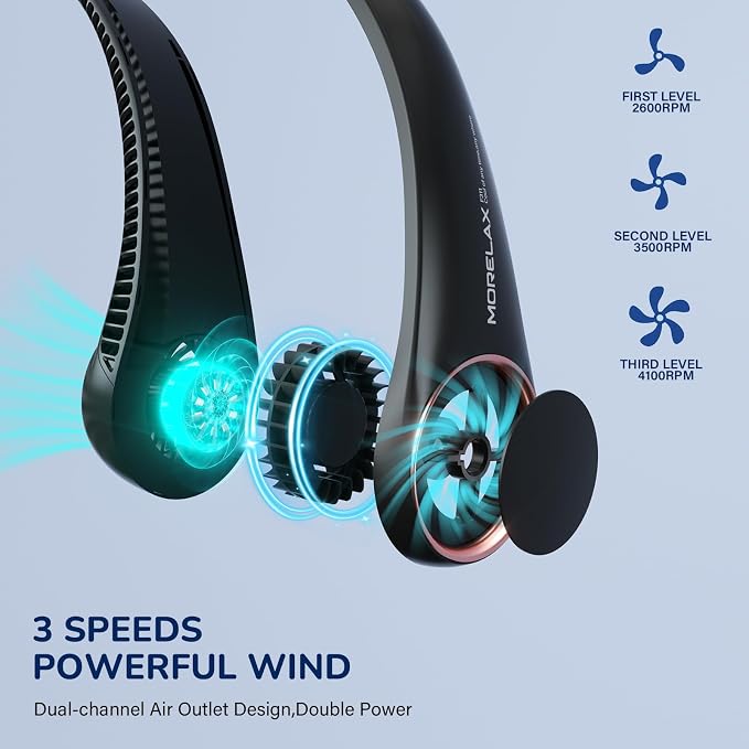 Portable Neck Fan Rechargeable, Personal Neck Cooling Fan, Hands Free Bladeless Fan, Ultra Quiet, 3 Speeds Adjustable Strong Wind, 4000 mAh Battery Operated, Gifts for Men Women Mom Dad(Black), Small - Image 3