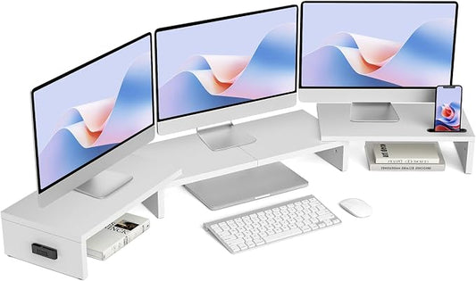 BONTEC Triple Monitor Stand Riser with Smartphone Holder, White | Adjustable Length & Swivel Angle, Ergonomic Wooden Desktop Organizer for PC Monitor, Laptop, Printer, Large Storage, 53.3 in by BONTEC
