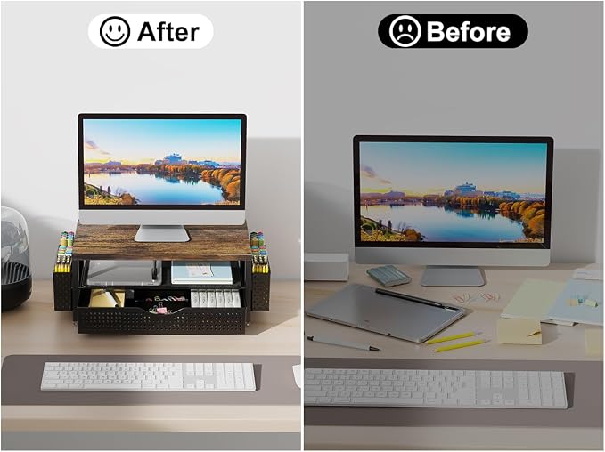 gianotter Desk Organizers and Accessories, Monitor Stand with Drawer and 2 Pen Holder, Desktop Organizer Suitable for Offices and Dormitories (Wood-Plain) - Image 3