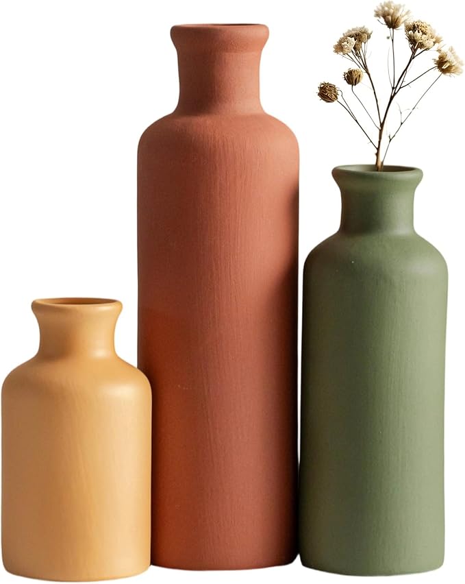 Modern Ceramic Vase Set of 3, Neutral Colors, Decorative Bottles for Home, Farmhouse Rustic Decor, Housewarming Gifts, Wedding Gifts, Bridal Shower Gifts, Birthday Gifts for Women (Green Mix) by TINCTOTNICVase