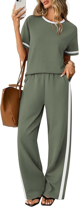 Sampeel 2 Piece Sets for Women Matching Sets Summer Outfits Resort Wear Short Sleeve Lounge Set Wide Leg Pants with Pockets by SAMPEEL