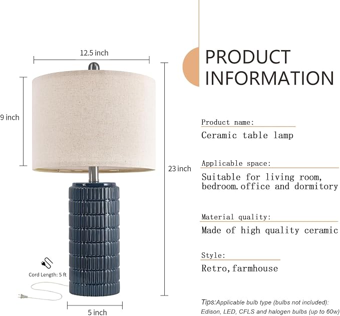 PoKat 23" Blue Table Lamps, Farmhouse Bedside Lamps for Bedroom Set of 2, Ceramic End Table Lamps for Living Room, Traditional Nightstand Desk Lamps, Medium - Image 9