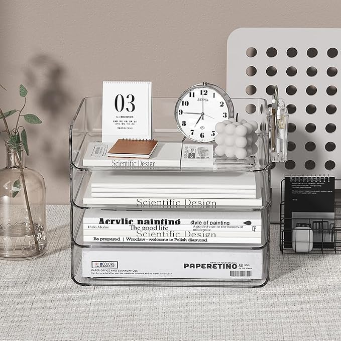 FANXIYQ 4-Tier Horizontal Acrylic Paper Tray Organizer with Pen Holder | Clear Stackable Desk Organizer for Documents, Letters, A4 Paper | Modern Office/Classroom/Home Organization - Image 2