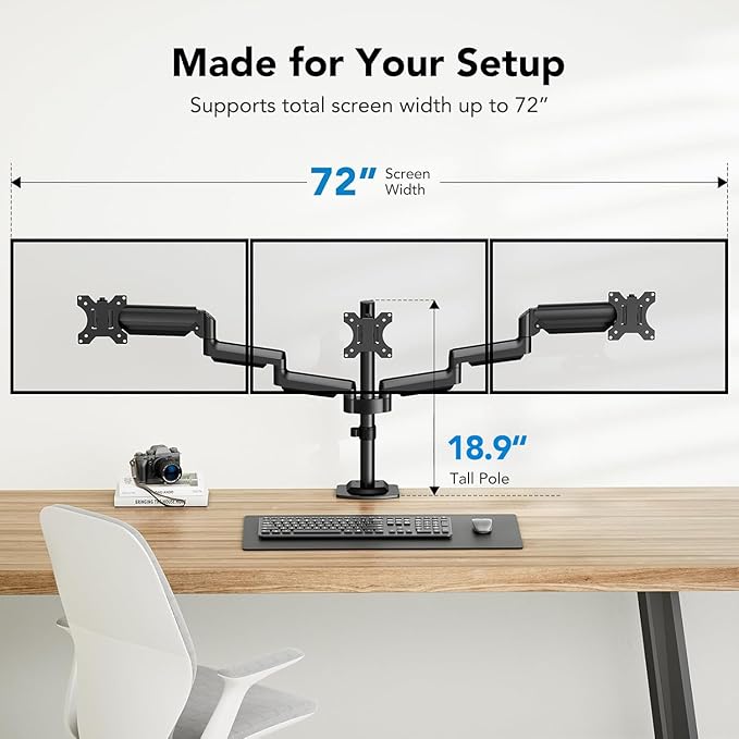 HUANUO Triple Monitor Mount for 13-27 inch Computer Screens, Gaming 3 Monitor Desk Mount with Arm Holds 19.8lbs, Triple Monitors Stand with Tilt, Swivel, Rotation, VESA 75x75, 100x100mm - Image 5