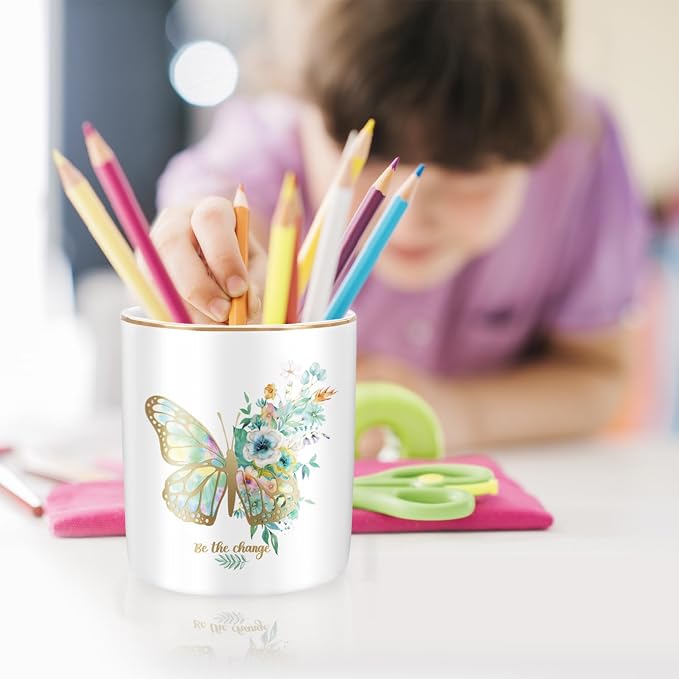 Cute Pen Holder for Desk, Ceramic Durable Pencil Cup, Simple&Modern Style Makeup Organizer, Multifunctional Office Supplies for Home, Kids and School, Butterfly Pattern - Image 5