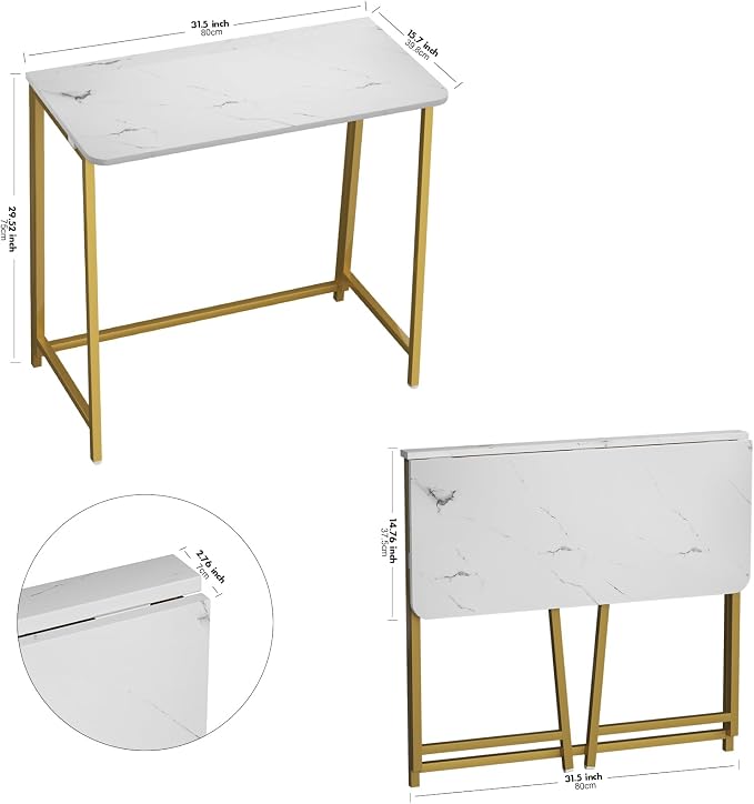 WOHOMO Folding Desk, 31.5" Foldable Computer Table for Small Spaces, Gold | Easy Assembly and Fold, Sturdy Home office desks for Study Bedroom Dorm Space Saving Writing Work Apartment - Image 3
