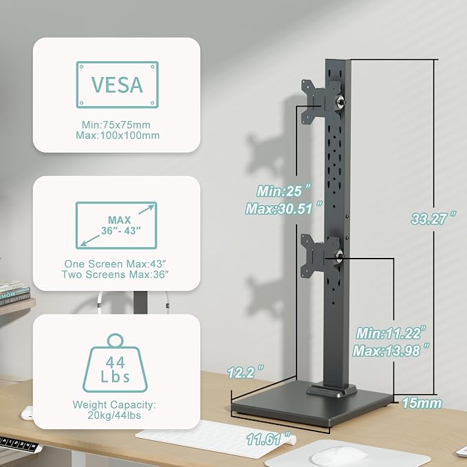 Suptek Dual Monitor Stand with Base Vertical Stack Screen Free-Standing Monitor Riser Fits Two Screen Max 36" & One Screen Max 43" with Swivel, Tilt, Height Adjustable,50,75 and 100mm Vesa Base Stand - Image 2