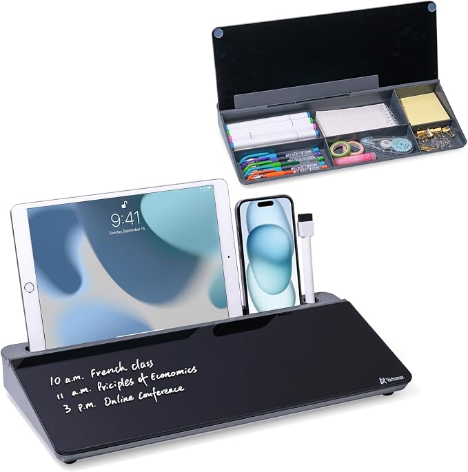 Varhomax Glass Desk Whiteboard with Storage, Desktop Organizer to-do List Memo Notepad Dry Erase White Board for Home Office and School Supplies (Gray&Black) by Varhomax