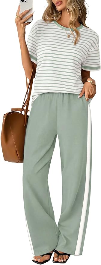 Sampeel 2 Piece Sets for Women Matching Sets Summer Outfits Resort Wear Short Sleeve Lounge Set Wide Leg Pants with Pockets by SAMPEEL