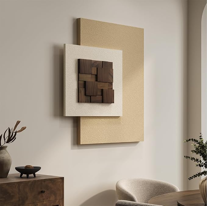 Cuspin Large 3D Wood Textured Neutral Wall Art, Modern Minimalist Wooden Artwork for Walls, Cotemporary Abstract Geometric Beige Wall Decor for Living Room Bedroom Dining Room Hallway - Image 3