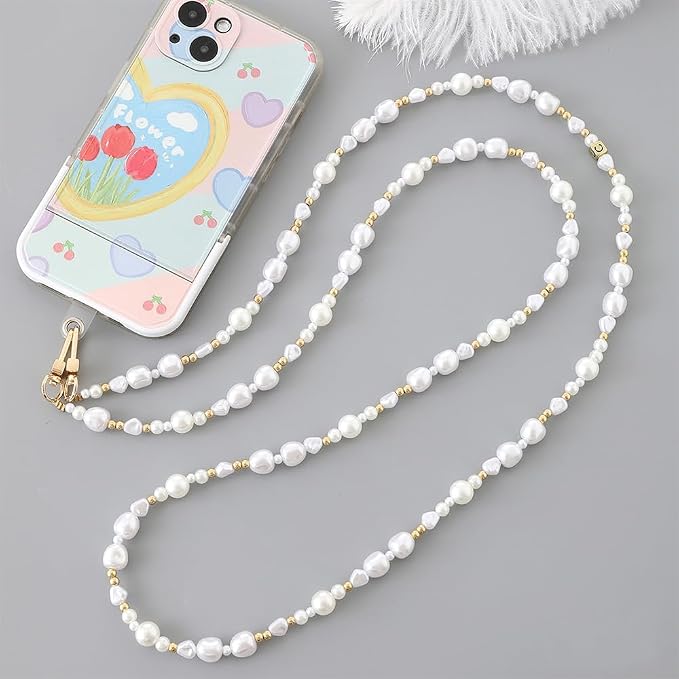 Phone Chain Crossbody Pearl Strap,Pearl Beaded Chain Shoulder Crossbody Lanyard with Phone Tether Patches Compatible with Most Phones Bag Purse(H) - Image 4